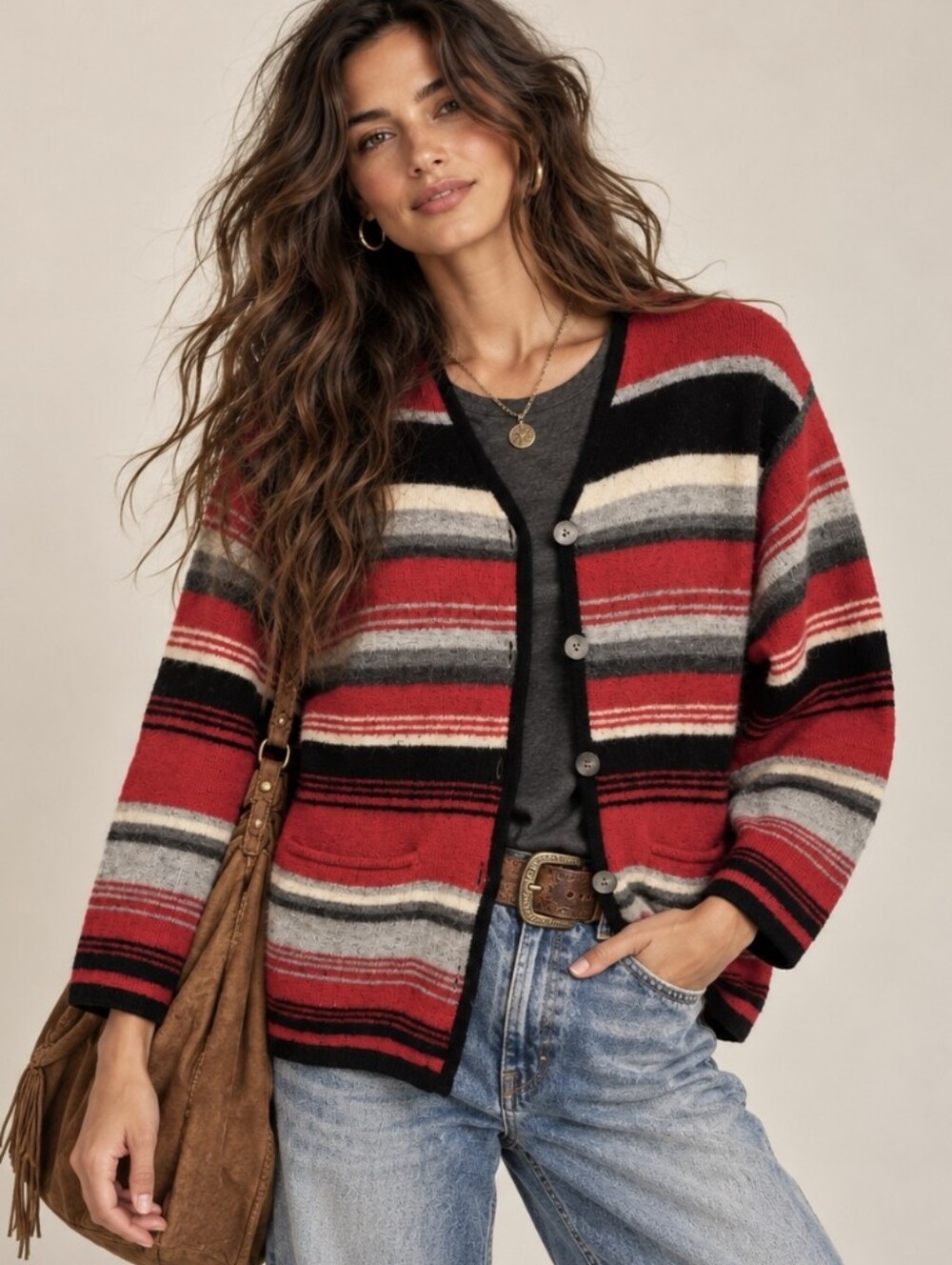 Vtg Susan Bristol Wool Cardigan Sweater Red/Black Striped 90's Sz L Petite